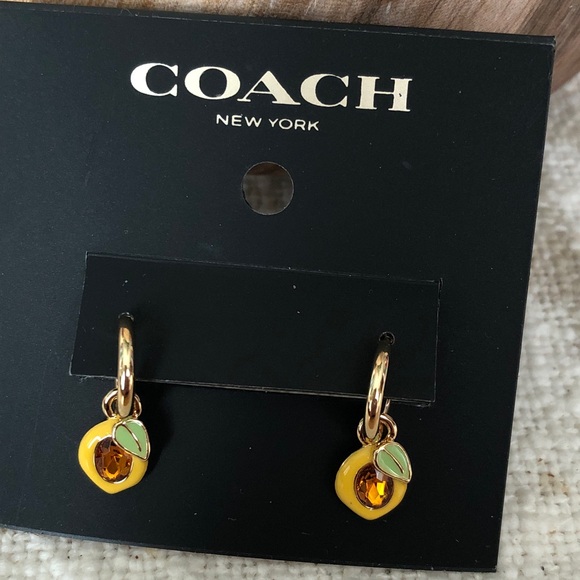 Coach Gold Tone Huggie Hoop Earrings Lemon Charm & Crystal Accent NWT - Picture 8 of 16